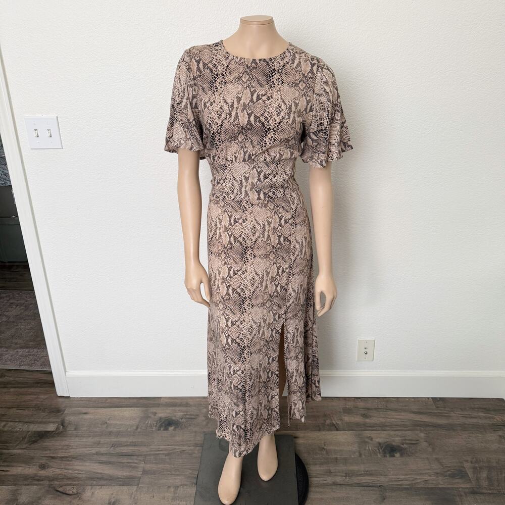 [Free Press] Snake Print Side Slit Crew Neck Flutter Sleeve Midi Dress Sz Large
